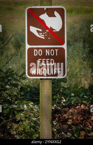 Do Not Feed Wildlife sign in rural landscape on a trail, Oregon, USA Stock Photo