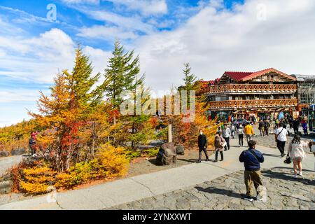Japan-October 25,2024:Parking area of ​​the 5th Station of the Fuji Subaru Line, the midpoint of the Yoshida Line, which runs from Fujiyoshida Sengen Stock Photo