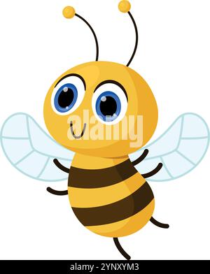 A cartoon bee with its wings spread out and a smile on its face. The bee is yellow and brown Stock Vector
