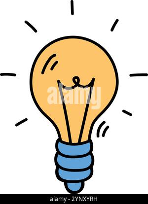 A light bulb is lit up and shining brightly. The light bulb is yellow and has a blue base. Concept of brightness and illumination, which can be interp Stock Vector