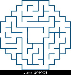 A maze is drawn in blue with a white square in the middle. The maze is a puzzle that requires the player to find the correct path to the center Stock Vector