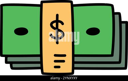 A cartoon drawing of a stack of green bills with a yellow dollar sign on top. Concept of wealth and abundance Stock Vector