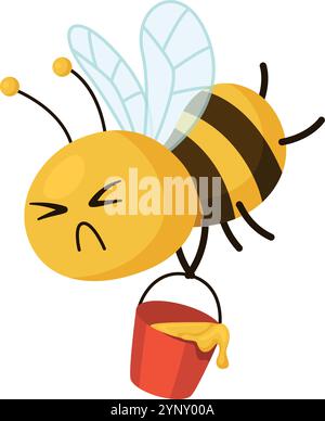 A cartoon bee is holding a bucket of honey and is looking down. The bee appears to be upset or angry Stock Vector