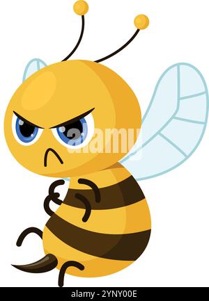 A cartoon bee with a frowning face and angry expression. The bee is sitting on its hind legs and has its wings spread out Stock Vector