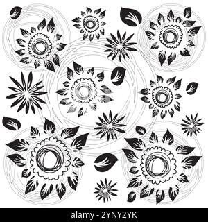 Leaves Flower and Foliage Pattern - Hand drawn Illustration -  Nature in Summer - Black and White Colors Vector Stock Vector