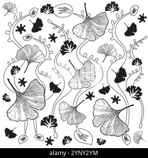 Leaves Flower and Foliage Pattern - Hand drawn Illustration -  Nature in Summer - Black and White Colors Vector Stock Vector