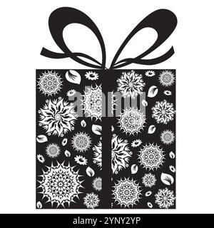 Gift Box with Mandala Pattern and Ribbon in Black and White colors Stock Vector
