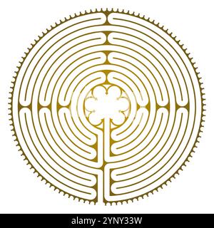Labyrinth Cathedral of Chartres Illustration Vector - Symbolism Meditation History - Floral Motif - Sacred Geometry Golden Colors Stock Vector