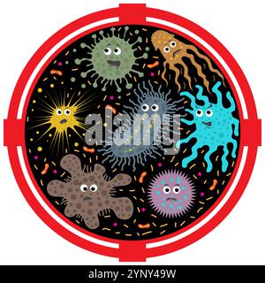 Vector Different Cartoon Microbes Isolated on Dark Background. Pandemic Colored Bacteria. Dangerous Bad Viruses. Germs Bacterial Microorganism. Bacter Stock Vector