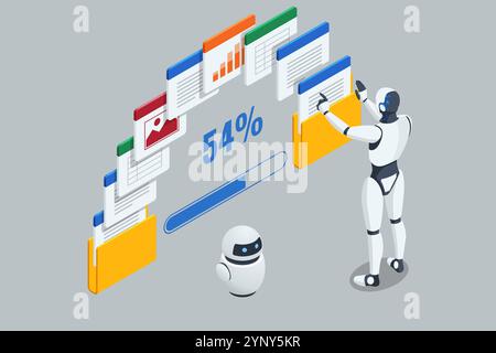 Isometric AI Artificial Intelligence. An AI-driven robot processes business analytics data with precision. It identifies trends, provides actionable Stock Vector