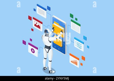 Isometric AI Artificial Intelligence. A robot equipped with artificial intelligence excels in business analytics. It deciphers trends, delivers Stock Vector