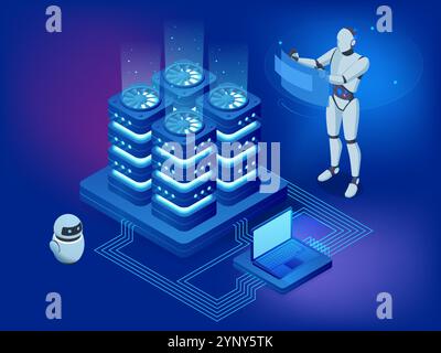 Isometric AI Artificial Intelligence. AI-powered robots simplify business analytics by processing data and identifying key patterns. They enable Stock Vector