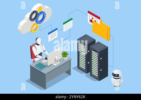 Isometric AI Artificial Intelligence. A robot equipped with artificial intelligence excels in business analytics. It deciphers trends, delivers Stock Vector