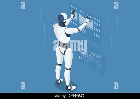 Isometric AI Artificial Intelligence. With AI, robots efficiently handle business analytics, uncovering trends and improving decision-making processes Stock Vector