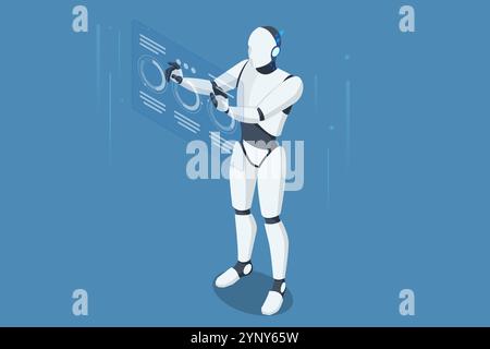 Isometric AI Artificial Intelligence. With AI, robots efficiently handle business analytics, uncovering trends and improving decision-making processes Stock Vector