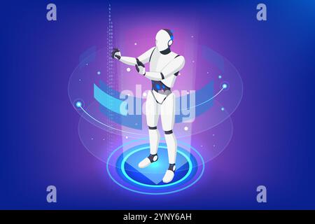 Isometric AI Artificial Intelligence. Artificial intelligence enables robots to master data processing for business analytics. They detect trends Stock Vector