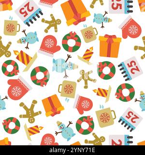 Christmas Seamless Pattern with icons in flat style. Vector illustration Stock Vector