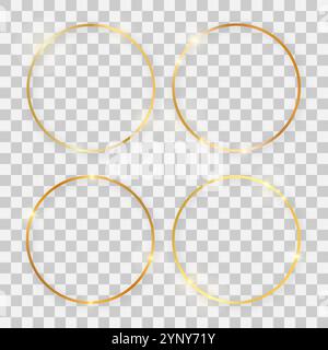 Set of four gold shiny round frames with glowing effects and shadows on transparent background. Vector illustration Stock Vector