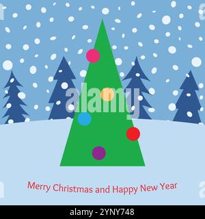 Christmas tree with bright toys in the forest in snowy weather. Vector illustration Stock Vector