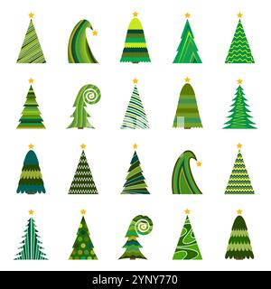 Set of twenty different Christmas trees. Isolated vector illustration for Merry Christmas and Happy New Year. Stock Vector