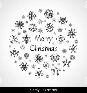 Christmas round banner with dark snowflakes on white background and inscription Merry Christmas. Vector illustration Stock Vector