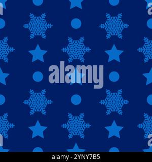 Christmas semless pattern with snowflake, star and circle on blue background. Vector illustration Stock Vector