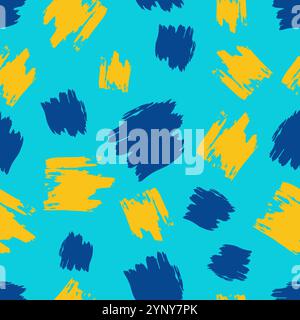 Seamless pattern with yellow and blue hand drawn scribble smear on blue background. Abstract grunge texture. Vector illustration Stock Vector