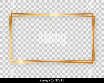 Double gold shiny 16x9 rectangular frame with glowing effects and shadows on transparent background. Vector illustration Stock Vector