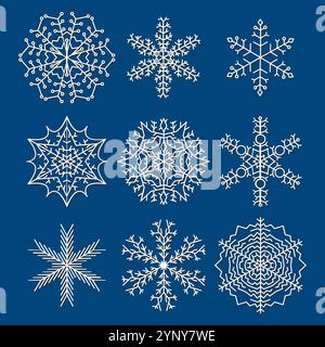 Set of nine snowflakes. Christmas and New Year decoration elements. Vector illustration. Stock Vector
