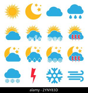 Set of sixteen Weather Icons. Multicolored icons for different weather conditions.  Vector illustration. Stock Vector