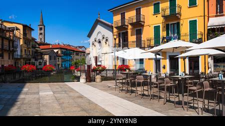 Italy, Orta lake. Piedmont. (Lago di Orta). Scenic colorful town Omegna with charming canals and floral streets Stock Photo