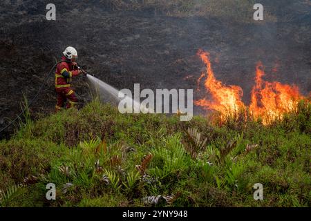 Firefighter putting out a fire in a rural landscape, Malaysia Stock Photo