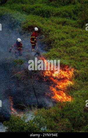 Two Firefighters putting out a fire in a rural landscape, Malaysia Stock Photo