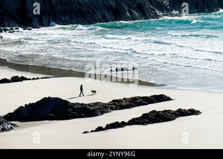 Traeth Llyfn beach and cliffs on Pembrokeshire Coast Path near Porthgain, Pembrokeshire, Wales Stock Photo