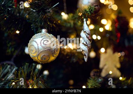 Christmas composition with Christmas tree. Christmas in retro style. Vintage decoration. Cozy interior. Stock Photo