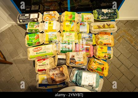 Large number of egg cartons with various inscriptions and coloured illustrations. In the poultry museum (Pluimvee Museum) in Barneveld, Netherlands. Stock Photo