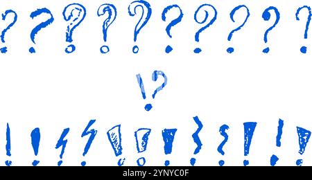 Exclamation and question marks symbols set. Blue crayon hand written signs. Doodle icons collection for speech bubble emphasis important or danger Stock Vector