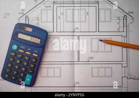 Blueprint of architecture, calculator, pencil and scale ruler Stock ...