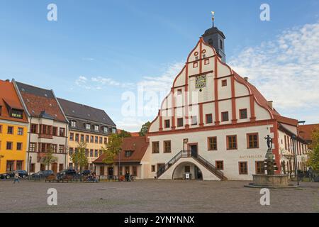 Historic town hall with clock tower on a cobbled square under a blue sky in an old town, town hall, market square, Grimma, Leipzig, Saxony, Germany, E Stock Photo