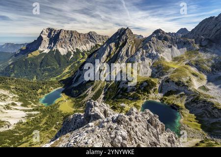 View from Mountain Drachenkopf with view of Mountain Zugspitze, Lake ...