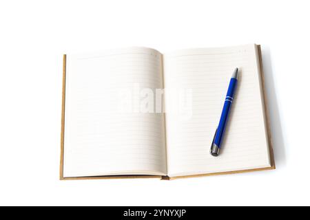 Lined notebook and blue pen, Open notebook isolated on white background. Journaling, writing idea concept. Nobody. Horizontal photo. Empty, blank. Stock Photo