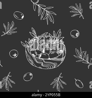 Seamless Pattern with Branches and Olive Fruits in Wooden Bowl on black background. Graphic art. Hand drawn Vector Black and white illustration. Can Stock Vector
