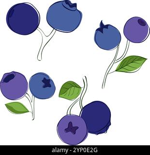 Hand drawn blueberry leaves and branches vector illustration set ...
