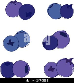 Blueberry composition set. Graphic line two blue berries. A branch of ripe bilberry lies on the table. Vector Illustration for packaging of eco-produc Stock Vector
