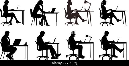Set of silhouette of people working at desk Stock Vector