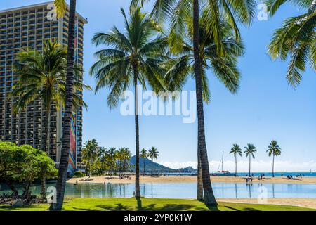 Breathtaking view of hotels lining Waikiki Beach in Hawaii Stock Photo