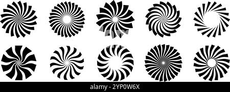 Set of black circle rotating rays and beams. Radial sunburst element pack. Round spinning swirls, stars and twirls pack. Illustration bundle for banner, badge, sticker, poster, logo. Vector Stock Vector