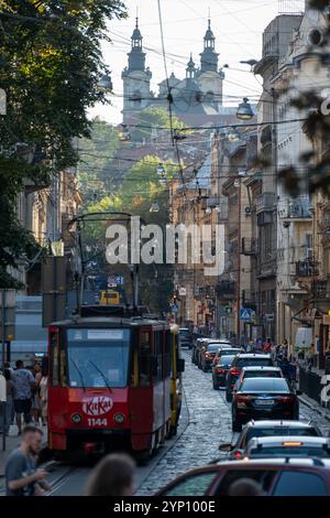 21.08.2024, Ukraine, Lviv oblast, Lviv - Main road with traffic jam and tram in the city centre. 00A240821D130CAROEX.JPG [MODEL RELEASE: NO, PROPERTY Stock Photo