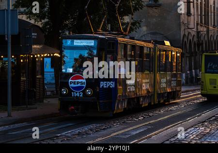 02.09.2024, Ukraine, Lviv oblast, Lviv - Tram with Pepsi advertising in the city centre. 00A240902D318CAROEX.JPG [MODEL RELEASE: NO, PROPERTY RELEASE: Stock Photo