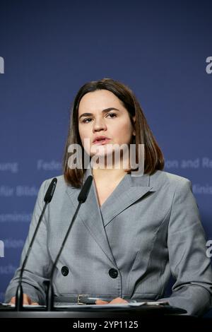 Belarusian civil rights activist Sviatlana Tsikhanouskaya sits on the